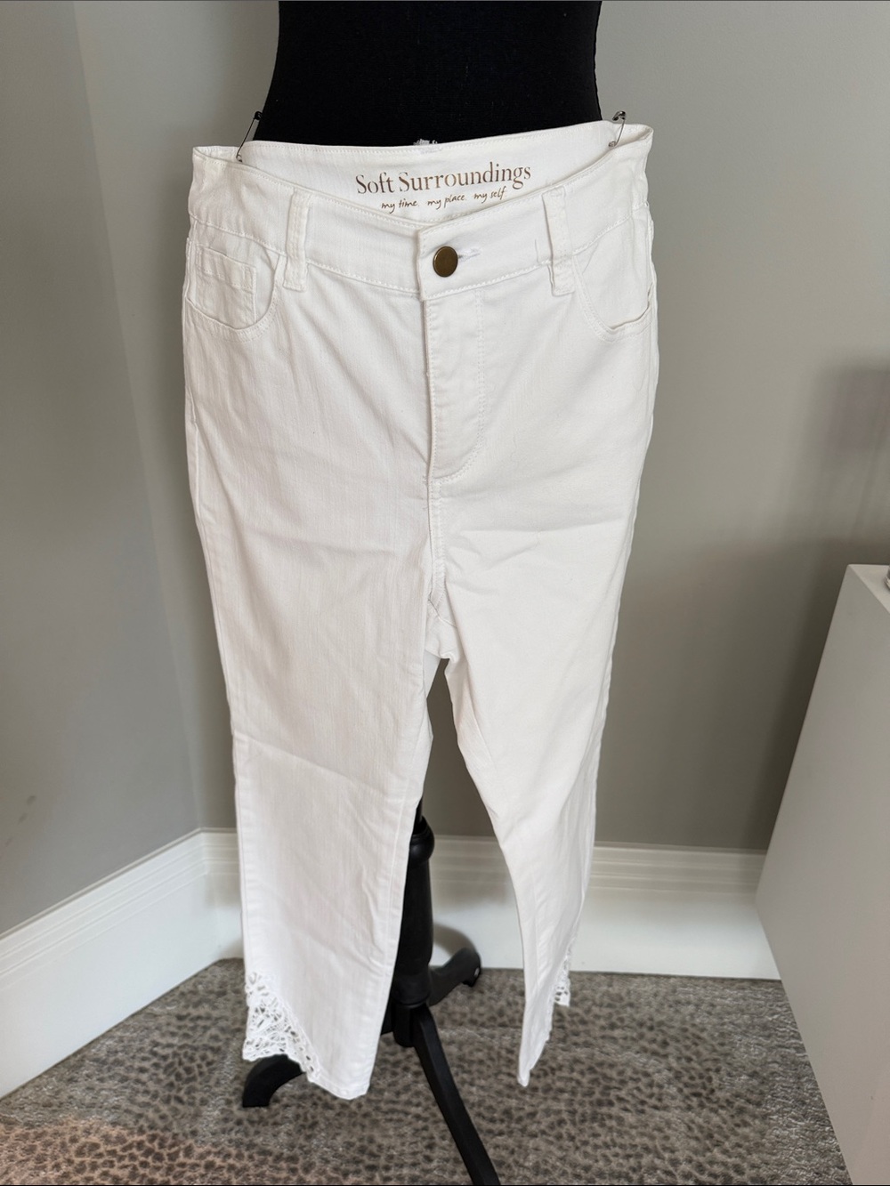 Soft Surroundings White Ankle Jeans with Lace Trim